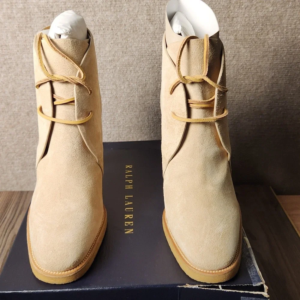 Ralph Lauren Ankle Boots Womens 8 Tan Suede Lace Up High Heel Chukka Booties